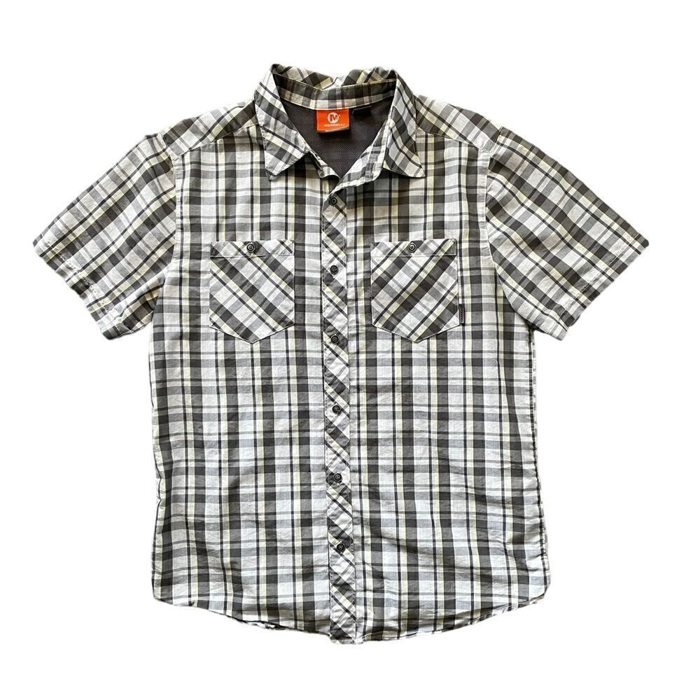 MERRELL Short Sleeve Button Down Plaid Shirt Green Gray White Size Medium